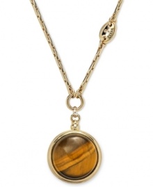 Eye of the tiger. This exotic pendant necklace from Fossil features a watch fob-inspired pendant with a round tiger's eye bead. Crafted in shiny gold tone mixed metal. Approximate length: 16 inches + 2-inch extender. Approximate drop: 1-1/2 inches. Eye of the tiger. This exotic pendant necklace from Fossil features a watch fob-inspired pendant with a round tiger's eye bead. Crafted in shiny gold tone mixed metal. Approximate length: 16 inches + 2-inch extender. Approximate drop: 1-1/2 inches.