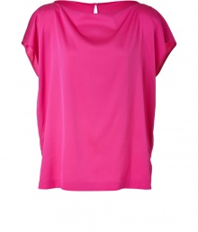 Up the ante on easy elegance with Vinces hot pink boatneck silk top - Short sleeves and flattering, wide neckline - Drape detail at collar - On trend, boxy cut crops just below hips - Key hole at back - Pair with skinny jeans, shorts, pencil skirts or cropped trousers