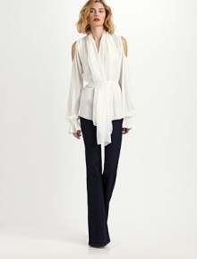 An utterly-feminine silhouette of silk georgette, tailored with a draped scarf front and skin-baring shoulders.Attached scarf at necklineShoulder cut-outsButton frontGathered sleevesDetachable beltAbout 27 from shoulder to hem94% silk/6% spandexDry cleanImportedModel shown is 5'10 (177cm) wearing US size 4. An utterly-feminine silhouette of silk georgette, tailored with a draped scarf front and skin-baring shoulders.Attached scarf at necklineShoulder cut-outsButton frontGathered sleevesDetachable beltAbout 27 from shoulder to hem94% silk/6% spandexDry cleanImportedModel shown is 5'10 (177cm) wearing US size 4.