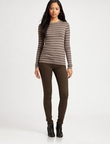 Striped crewneck classic has allover ribbing, long sleeves and a touch of cashmere. CrewneckLong sleeves40% rayon/30% nylon/25% polyester/5% cashmereDry cleanMade in USA of imported fabricModel shown is 5'10 (177cm) wearing US size Small. Striped crewneck classic has allover ribbing, long sleeves and a touch of cashmere. CrewneckLong sleeves40% rayon/30% nylon/25% polyester/5% cashmereDry cleanMade in USA of imported fabricModel shown is 5'10 (177cm) wearing US size Small.