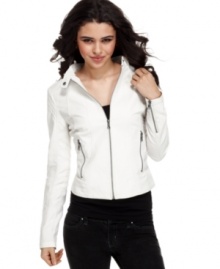 The Beachwood Bomber GUESS? jacket toughens up your wardrobe with motorcycle styling. Pair it with skinny jeans for an outfit that always looks hot! The Beachwood Bomber GUESS? jacket toughens up your wardrobe with motorcycle styling. Pair it with skinny jeans for an outfit that always looks hot!