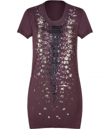 An ultra luxe take on the tried and true tee, Roberto Cavallis sequined jersey top is a glamorous choice guaranteed to amp up your outfit - Rounded neckline with raw-edge tonal sheer trim, short sleeves - Long lean fit - Wear with leather leggings, ankle boots and chic cashmere cardigans An ultra luxe take on the tried and true tee, Roberto Cavallis sequined jersey top is a glamorous choice guaranteed to amp up your outfit - Rounded neckline with raw-edge tonal sheer trim, short sleeves - Long lean fit - Wear with leather leggings, ankle boots and chic cashmere cardigans