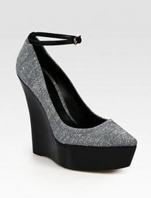 An adjustable leather ankle strap completes this wedge silhouette in soft linen tweed with a classic point toe. Stacked wedge, 6 (150mm)Stacked platform, 2 (50mm)Compares to a 4 heel (100mm)Linen tweed upper with adjustable leather ankle strapPoint toeLeather lining and solePadded insoleMade in Italy An adjustable leather ankle strap completes this wedge silhouette in soft linen tweed with a classic point toe. Stacked wedge, 6 (150mm)Stacked platform, 2 (50mm)Compares to a 4 heel (100mm)Linen tweed upper with adjustable leather ankle strapPoint toeLeather lining and solePadded insoleMade in Italy