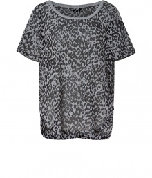 Channel the look of the moment in this semi-sheer leopard-laden top from By Malene Birger - Scoop neck, short sleeves, curved hem with side vents, semi-sheer, allover leopard print - Pair with leather leggings, a chunky cardigan, ankle boots, and a statement satchel