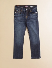 Whiskering and a hint of fading lend iconic appeal to this dark-denim style made from Italian, stretch-cotton fabrication.Button closureZip flyAdjustable waistbandBelt loopsMetal rivet details Five-pocket styleDistressed details along pocketsTopstitching on back pockets98% cotton/2% spandexMachine washImported of Italian fabric Whiskering and a hint of fading lend iconic appeal to this dark-denim style made from Italian, stretch-cotton fabrication.Button closureZip flyAdjustable waistbandBelt loopsMetal rivet details Five-pocket styleDistressed details along pocketsTopstitching on back pockets98% cotton/2% spandexMachine washImported of Italian fabric
