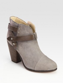 Buttery nubuck leather look with contrasting trim and a sleek wrap-around buckle strap. Stacked heel, 3½ (90mm)Nubuck leather upperLeather lining and solePadded insoleImportedOUR FIT MODEL RECOMMENDS ordering one size up as this style runs small. 