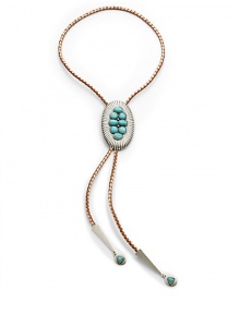 THE LOOKSouthwestern-inspired designTextured sliding oval with turquoise accents Leather braided rope settingTriangle drop details with turquoise accentsSilverplatedTHE MEASUREMENTLength, about 40ORIGINMade in USA THE LOOKSouthwestern-inspired designTextured sliding oval with turquoise accents Leather braided rope settingTriangle drop details with turquoise accentsSilverplatedTHE MEASUREMENTLength, about 40ORIGINMade in USA