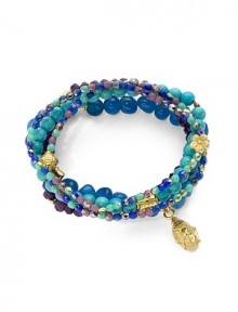 THE LOOKSet of five beaded braceletsBuddha charmChalcedony, amethyst, turquoise and glass stones22k goldplated vermeil sterling silver charm accentsElastic pull-on styleTHE MEASUREMENTWidth, about 2.5ORIGINMade in USA of imported materials