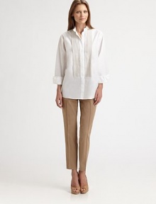 Chic grosgrain trim decorates the bib of this crisply tailored cotton design.Band collarConcealed button frontGrosgrain trimLong sleeves with button cuffsAbout 26 from shoulder to hemCottonDry cleanImported of Swiss fabricModel shown is 5'10 (177cm) wearing US size 4. Chic grosgrain trim decorates the bib of this crisply tailored cotton design.Band collarConcealed button frontGrosgrain trimLong sleeves with button cuffsAbout 26 from shoulder to hemCottonDry cleanImported of Swiss fabricModel shown is 5'10 (177cm) wearing US size 4.