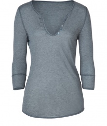 Laid-back looks get a shimmer of metallic luster in Zadig & Voltaires super soft henley, finished with gunmetal stitched seams for an effortless chic edge - Open buttoned neckline, 3/4 sleeves, stitched cuffs, raw edges, curved hemline - Relaxed straight fit - Pair with feminine camisoles and edgy skinny jeans Laid-back looks get a shimmer of metallic luster in Zadig & Voltaires super soft henley, finished with gunmetal stitched seams for an effortless chic edge - Open buttoned neckline, 3/4 sleeves, stitched cuffs, raw edges, curved hemline - Relaxed straight fit - Pair with feminine camisoles and edgy skinny jeans