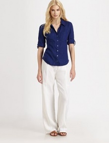 A classic button-down shirt made from soft, timeless linen. This design features three-quarter sleeves and a feminine, curved hem. Collar neckThree-quarter sleevesButton frontPatch pocketsCurved hemBack yokeAbout 26 from shoulder to hemLinenMachine washImported Model shown is 5'10 (177cm) wearing US size Small. A classic button-down shirt made from soft, timeless linen. This design features three-quarter sleeves and a feminine, curved hem. Collar neckThree-quarter sleevesButton frontPatch pocketsCurved hemBack yokeAbout 26 from shoulder to hemLinenMachine washImported Model shown is 5'10 (177cm) wearing US size Small.