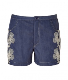 Chic denim shorts in fine, blue lyocell blend - Board short style in a supremely soft, flattering fabric - Floral embroidery at sides - Two pockets - Button closure and zip fly - Slim cut, shorts hit mid-thigh - Great for leisure or your next beach getaway - Pair with a billowy tunic top and sandals, or wear with a loose button down and platform wedges Chic denim shorts in fine, blue lyocell blend - Board short style in a supremely soft, flattering fabric - Floral embroidery at sides - Two pockets - Button closure and zip fly - Slim cut, shorts hit mid-thigh - Great for leisure or your next beach getaway - Pair with a billowy tunic top and sandals, or wear with a loose button down and platform wedges