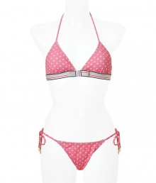 Stylish bikini in fine, pink nylon stretch - from the hot L.A. label Juicy Couture - cute polka dot print - slim triangle top with fine ties and striped chest band - tight bikini panties, also with ties - trendy, dressy, sexy - a hit for young women Stylish bikini in fine, pink nylon stretch - from the hot L.A. label Juicy Couture - cute polka dot print - slim triangle top with fine ties and striped chest band - tight bikini panties, also with ties - trendy, dressy, sexy - a hit for young women