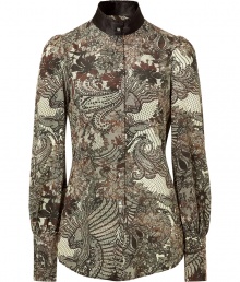 Gorgeous blouse of fine stretch silk is sophisticated and intriguing with multi-color, lace-patterned print - The silhouette is narrow-waisted with a contrasting colored high collar, and slightly puffed shoulders - Full-length placket - Looks great at the office with blazers and fine pants or pencil skirts, or worn in the evening with leather pants and platform heels Gorgeous blouse of fine stretch silk is sophisticated and intriguing with multi-color, lace-patterned print - The silhouette is narrow-waisted with a contrasting colored high collar, and slightly puffed shoulders - Full-length placket - Looks great at the office with blazers and fine pants or pencil skirts, or worn in the evening with leather pants and platform heels