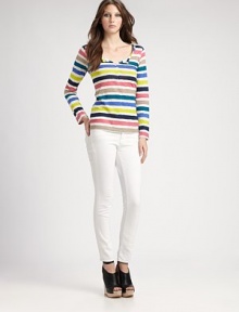 Vibrantly striped, cotton-blend v-neck with long sleeves and a slim fit. ScoopeckLong sleevesButton front55% hemp/45% cottonHand washMade in USAModel shown is 5'10½ (179cm) wearing US size 4. Vibrantly striped, cotton-blend v-neck with long sleeves and a slim fit. ScoopeckLong sleevesButton front55% hemp/45% cottonHand washMade in USAModel shown is 5'10½ (179cm) wearing US size 4.