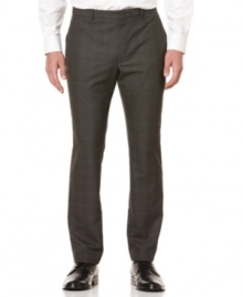 Add hip preppy style to your work wardrobe with these slim fit plaid pants by Perry Ellis. Add hip preppy style to your work wardrobe with these slim fit plaid pants by Perry Ellis.