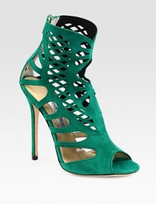 Velvety suede in a lattice-like design makes its way up the ankle concluding with a towering heel and an exposed back zipper. Self-covered heel, 5 (125mm)Suede upperBack zipperLeather lining and solePadded insoleMade in ItalyOUR FIT MODEL RECOMMENDS ordering one half size up as this style runs small. 