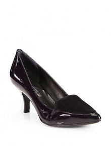 THE LOOKPoint toePatent leather upperRich kid suede accent on vampPadded insoleSelf-covered heel, 2½ (65mm)THE MATERIALPatent leather upperLeather lining and soleORIGINImported