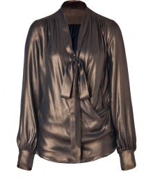 Finish your feminine look on a futuristic note in Plein Suds ultra modern bronze silk wrap blouse, detailed with a soft tie for that added edge of modern-vintage glamour - Stand-up collar with tie, wrapped front, long sleeves, buttoned cuffs, pleated yolk, relaxed fit - Perfect for tucking into form-fitting pencil skirts, or layering over luxe leather leggings Finish your feminine look on a futuristic note in Plein Suds ultra modern bronze silk wrap blouse, detailed with a soft tie for that added edge of modern-vintage glamour - Stand-up collar with tie, wrapped front, long sleeves, buttoned cuffs, pleated yolk, relaxed fit - Perfect for tucking into form-fitting pencil skirts, or layering over luxe leather leggings