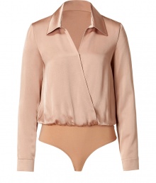 Stylish bodysuit made ..from a fine synthetic-rayon blend - In a beautiful elegant suntan - The top is cut like an elegant blouse - Fashionably asymmetrical with a small collar and long sleeves - Tremendously comfortable aand pleasant to wear, nothing slips, nothing pinches - With a pencil skirt, tuxedo pants, a leather mini skirt Stylish bodysuit made ..from a fine synthetic-rayon blend - In a beautiful elegant suntan - The top is cut like an elegant blouse - Fashionably asymmetrical with a small collar and long sleeves - Tremendously comfortable aand pleasant to wear, nothing slips, nothing pinches - With a pencil skirt, tuxedo pants, a leather mini skirt