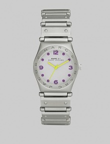 Minimal with pops of color, this fresh timepiece is rendered in a sleek and slender design.Quartz movement Water resistant to 5 ATM Logo bezel Round case, 28mm, (1.1) Grey dial Numeral and dot hour markers Second hand Aluminum bracelet, 19mm, (.75) Imported Minimal with pops of color, this fresh timepiece is rendered in a sleek and slender design.Quartz movement Water resistant to 5 ATM Logo bezel Round case, 28mm, (1.1) Grey dial Numeral and dot hour markers Second hand Aluminum bracelet, 19mm, (.75) Imported
