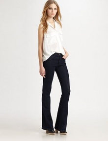 Body-skimming stretch denim tailored with a high-rise and 70's-inspired flare. THE FITFitted through hips and thighsKick flare legRise, about 9Inseam, about 36THE DETAILSZip flyFront welt pocketsBack patch pockets98% cotton/2% elastaneMachine washImportedModel shown is 5'10 (177cm) wearing US size 4. Body-skimming stretch denim tailored with a high-rise and 70's-inspired flare. THE FITFitted through hips and thighsKick flare legRise, about 9Inseam, about 36THE DETAILSZip flyFront welt pocketsBack patch pockets98% cotton/2% elastaneMachine washImportedModel shown is 5'10 (177cm) wearing US size 4.