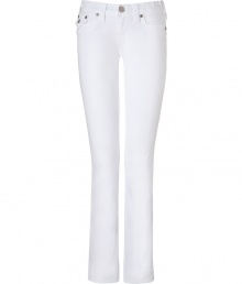 With Western-inspired details, these stylish white jeans from True Religion will amp up your casual basics - Classic five-pocket styling, whiskering, decorative back flap pockets with logo detail, belt loops - Straight leg, slim fit - Style with a blouse and blazer or a worn-in tee and a leather jacket With Western-inspired details, these stylish white jeans from True Religion will amp up your casual basics - Classic five-pocket styling, whiskering, decorative back flap pockets with logo detail, belt loops - Straight leg, slim fit - Style with a blouse and blazer or a worn-in tee and a leather jacket