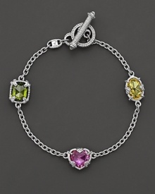 Sterling Silver berge bracelet with three gemstone stations. Designed by Judith Ripka. Sterling Silver berge bracelet with three gemstone stations. Designed by Judith Ripka.