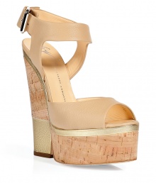 Luxe wedge sandal in supple, beige and gold leather - Peep-toe and double, 1.75 platform - Shiny hardware buckle adorns adjustable ankle strap - 6 cork wedge heel with metallic leather colorblock detail - Leather sole with rubber insert. Elegant neutral upper creates the appearance of a longer, leaner leg - Pair with a wide-leg, high-waisted pant, a classic pencil skirt or a wrap dress Luxe wedge sandal in supple, beige and gold leather - Peep-toe and double, 1.75 platform - Shiny hardware buckle adorns adjustable ankle strap - 6 cork wedge heel with metallic leather colorblock detail - Leather sole with rubber insert. Elegant neutral upper creates the appearance of a longer, leaner leg - Pair with a wide-leg, high-waisted pant, a classic pencil skirt or a wrap dress