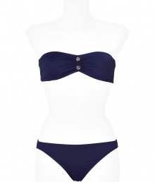 Look supremely sexy in this luxe bandeau bikini from Juicy Couture - Classic bandeau top with gold-tone hardware, classic slip-on bikini bottoms with back ruching and gold-tone logo hardware - Pair with a sheer caftan, wedge sandals, a floppy sunhat Look supremely sexy in this luxe bandeau bikini from Juicy Couture - Classic bandeau top with gold-tone hardware, classic slip-on bikini bottoms with back ruching and gold-tone logo hardware - Pair with a sheer caftan, wedge sandals, a floppy sunhat