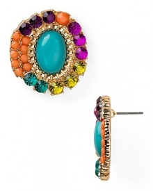 Do hue dare? Slip in this pair of stunning clustered stud earring from Aqua for standout style, with vivid mutli colored stones. Do hue dare? Slip in this pair of stunning clustered stud earring from Aqua for standout style, with vivid mutli colored stones.