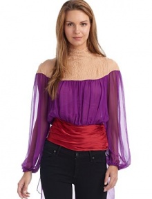 THE LOOKRaw edge high necklineContrast yokeSheer pleated chiffon bodyLong sleeves with elastic cuffsContrast ruched satin waistband with side snapsBack snap closureSplit chiffon cape backTHE FITAbout 21 from shoulder to hemTHE MATERIALSilkCARE & ORIGINDry cleanMade in Italy THE LOOKRaw edge high necklineContrast yokeSheer pleated chiffon bodyLong sleeves with elastic cuffsContrast ruched satin waistband with side snapsBack snap closureSplit chiffon cape backTHE FITAbout 21 from shoulder to hemTHE MATERIALSilkCARE & ORIGINDry cleanMade in Italy