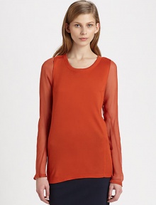 Concluded by an airy back, this utterly soft top has silk and cashmere trim and semi-sheer sleeves. RoundneckLong, semi-sheer sleevesSemi-sheer at upper backLonger length hits below the hipsBody: 49% viscose/44% modal/5% cashmere; Contrast: SilkDry cleanImported of Italian fabricModel shown is 5'10 (177cm) wearing US size Small. Concluded by an airy back, this utterly soft top has silk and cashmere trim and semi-sheer sleeves. RoundneckLong, semi-sheer sleevesSemi-sheer at upper backLonger length hits below the hipsBody: 49% viscose/44% modal/5% cashmere; Contrast: SilkDry cleanImported of Italian fabricModel shown is 5'10 (177cm) wearing US size Small.