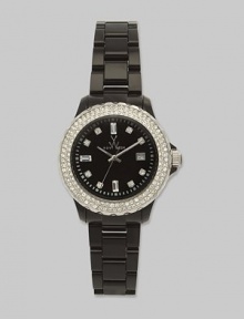 Fun look in tonal colors with a modern acrylic strap. Quartz movement Metal bezel Round 41 mm face Acrylic strap Date display at three o'clock Second hand Imported Fun look in tonal colors with a modern acrylic strap. Quartz movement Metal bezel Round 41 mm face Acrylic strap Date display at three o'clock Second hand Imported