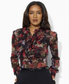 This airy blouse from Lauren by Ralph Lauren is designed in sheer crinkled georgette with romantic ruffles and bright florals for an elegant modern look. This airy blouse from Lauren by Ralph Lauren is designed in sheer crinkled georgette with romantic ruffles and bright florals for an elegant modern look.