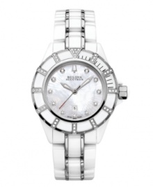 Brilliant shine is the hallmark of this exquisite Mirador collection watch by Bulova Accutron. White ceramic and stainless steel bracelet and round case with curved sapphire crystal. White ceramic rotating bezel embellished with steel and diamond accents. Mother-of-pearl dial features diamond accents at markers, date window at six o'clock, logo at twelve o'clock and three silver tone hands. Swiss quartz movement. Water resistant to 50 meters. Five-year warranty. Brilliant shine is the hallmark of this exquisite Mirador collection watch by Bulova Accutron. White ceramic and stainless steel bracelet and round case with curved sapphire crystal. White ceramic rotating bezel embellished with steel and diamond accents. Mother-of-pearl dial features diamond accents at markers, date window at six o'clock, logo at twelve o'clock and three silver tone hands. Swiss quartz movement. Water resistant to 50 meters. Five-year warranty.