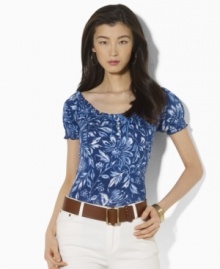 A bohemian smocked neckline and soft cotton jersey construction makes Lauren Jeans Co.'s peasant tee an essential for the season. A bohemian smocked neckline and soft cotton jersey construction makes Lauren Jeans Co.'s peasant tee an essential for the season.