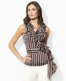 Elegantly pairing a soft cascade of ruffles with slimming stripes, the sleeveless Lauren by Ralph Lauren blouse is tailored in a feminine wrap silhouette from floaty satin-faced georgette. Elegantly pairing a soft cascade of ruffles with slimming stripes, the sleeveless Lauren by Ralph Lauren blouse is tailored in a feminine wrap silhouette from floaty satin-faced georgette.