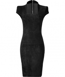 Work a dramatic edge into your Little Black Dress collection with Jitrois figure-hugging black suede sheath, a sultry choice both glamorous and exquisitely seductive - Square neckline, cap sleeves, exposed metal back zip - Form-fitting - Wear with heels and a sleek leather envelope clutch