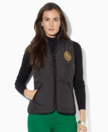 Lauren Ralph Lauren's lightweight vest in diamond-quilted microfiber is an essential layering piece for the season, finished with an embroidered crest for heritage charm.