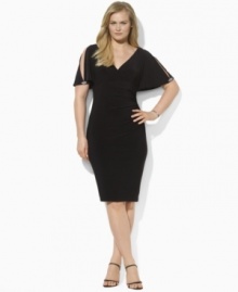 Tailored in a slinky, ruched silhouette, Lauren Ralph Lauren's matte jersey Raven empire plus size dress channels vintage-inspired style with Art Deco crystal embellishments at the shoulders and dolman sleeves. Tailored in a slinky, ruched silhouette, Lauren Ralph Lauren's matte jersey Raven empire plus size dress channels vintage-inspired style with Art Deco crystal embellishments at the shoulders and dolman sleeves.