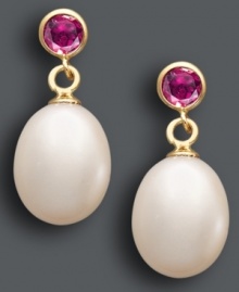 A sweet touch of femininity. These polished drops combine cultured freshwater pearls (8-1/2-9 mm) with round-cut amethyst (1/2 ct. t.w.) in a 14k gold bezel setting. Approximate drop: 3/4 inch. A sweet touch of femininity. These polished drops combine cultured freshwater pearls (8-1/2-9 mm) with round-cut amethyst (1/2 ct. t.w.) in a 14k gold bezel setting. Approximate drop: 3/4 inch.