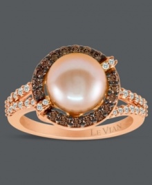 A hint of sweet sophistication. Le Vian's beautiful ring highlights a pink cultured freshwater pearl (9-10 mm) encircled by chocolate diamonds (1/3 ct. t.w.) with white diamonds at the shoulders and corners (1/4 ct. t.w.). Crafted in 14k rose gold. A hint of sweet sophistication. Le Vian's beautiful ring highlights a pink cultured freshwater pearl (9-10 mm) encircled by chocolate diamonds (1/3 ct. t.w.) with white diamonds at the shoulders and corners (1/4 ct. t.w.). Crafted in 14k rose gold.