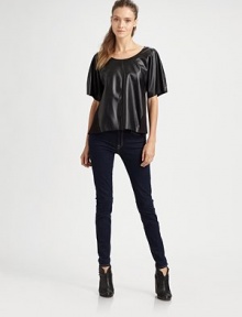Downtown-cool tee in a gleaming leatherette silhouette with oversized short sleeves and a soft knit back. RoundneckOversized short sleevesKnit back panelBody: Polyurethane/viscoseTrim: 95% rayon/5% spandexHand washImportedModel shown is 5'9 (176cm) wearing US size Small. Downtown-cool tee in a gleaming leatherette silhouette with oversized short sleeves and a soft knit back. RoundneckOversized short sleevesKnit back panelBody: Polyurethane/viscoseTrim: 95% rayon/5% spandexHand washImportedModel shown is 5'9 (176cm) wearing US size Small.