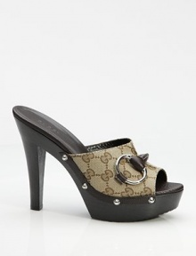 GG fabric with horsebit detail and studded leather trim.Wood heel, 5¼ (130mm) Wood platform, 1½ (40mm) Compares to a 3¾ heel (95mm) Leather lining Padded insole Rubber sole Made in ItalyOUR FIT MODEL RECOMMENDS ordering true size. GG fabric with horsebit detail and studded leather trim.Wood heel, 5¼ (130mm) Wood platform, 1½ (40mm) Compares to a 3¾ heel (95mm) Leather lining Padded insole Rubber sole Made in ItalyOUR FIT MODEL RECOMMENDS ordering true size.