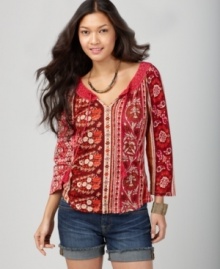 Inspired by Eastern batik designs, this printed Lucky Brand Jeans top features crochet and tassels at the neckline for a handcrafted look. Made from lightweight cotton, it's a comfy match with your favorite jeans! Inspired by Eastern batik designs, this printed Lucky Brand Jeans top features crochet and tassels at the neckline for a handcrafted look. Made from lightweight cotton, it's a comfy match with your favorite jeans!