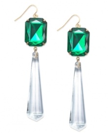 Luminous design from Bar III. These drop earrings finish off your look with acrylic and glass stones in emerald and clear tones. Crafted in antiqued gold tone mixed metal. Approximate drop: 4 inches. Luminous design from Bar III. These drop earrings finish off your look with acrylic and glass stones in emerald and clear tones. Crafted in antiqued gold tone mixed metal. Approximate drop: 4 inches.