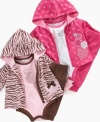 Sporty and fun. Great looking 3 piece fashionable set includes print pattern hoodie, bodysuit with contrast trim, and solid elastic waist pants.