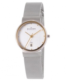 Make this watch from Skagen Denmark your everyday accompaniment for style and durability. Silvertone stainless steel mesh bracelet and round case. Round white dial with goldtone accents, logo, date window and stick indices. Quartz movement. Water resistant to 30 meters. Limited lifetime warranty.
