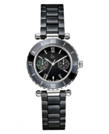 A sleek design with sporty functionality. This Gc Swiss Made Timepieces watch features a polished black high-tech ceramic bracelet with two side pushers. Stainless steel case with black ceramic bezel. Black enamel dial with logo, two mother-of-pearl subdials and silvertone roman numerals. Swiss multifunction movement. Swiss made. Water resistant to 100 meters. Ten-year limited warranty. Luxury Gc gift box packaging included. A sleek design with sporty functionality. This Gc Swiss Made Timepieces watch features a polished black high-tech ceramic bracelet with two side pushers. Stainless steel case with black ceramic bezel. Black enamel dial with logo, two mother-of-pearl subdials and silvertone roman numerals. Swiss multifunction movement. Swiss made. Water resistant to 100 meters. Ten-year limited warranty. Luxury Gc gift box packaging included.